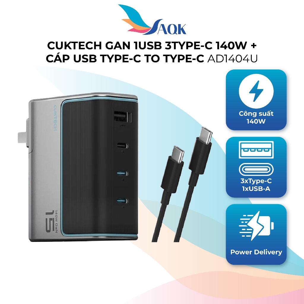 Cuktech GaN 1USB 3Type-C 140W charger Combo + สาย USB Type-C to Type-C AD1404U - สินค้าของแท้
