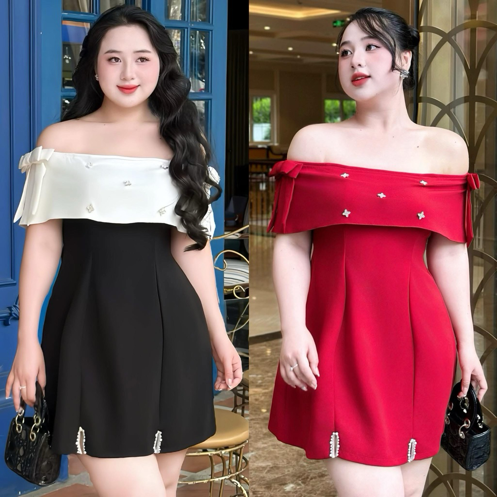 น่ารักขนาดใหญ่ 50-90KG เดรสปาดไหล่ คอนซีลเลอร์ ทํางาน ปาร์ตี้ ออกไปข้างนอก - D246 - U Xinh Store (5 