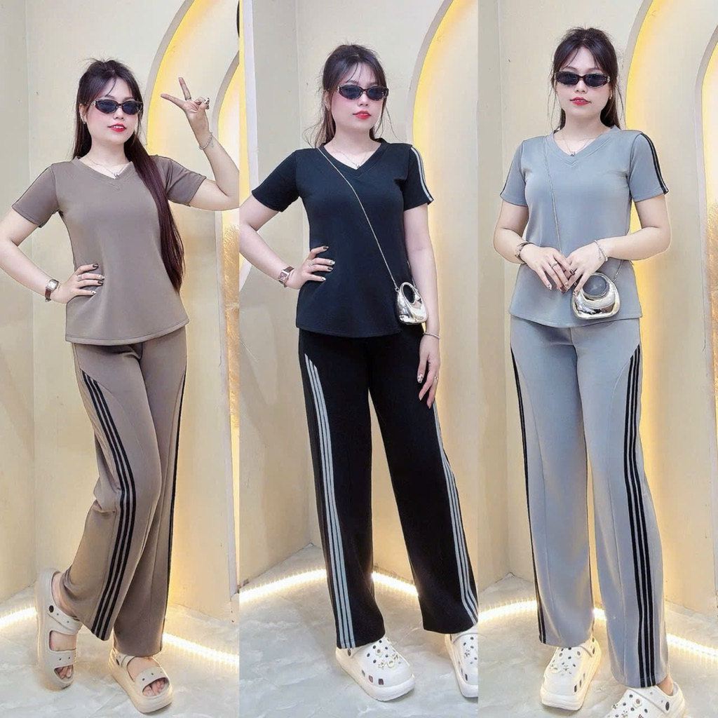 BigSiZe Womens Set BigSize 50kg-105kg ชุดกีฬาพร้อมขอบคอเต่าและลายทาง เรียบง่าย นุ่ม เหมาะกับทุกรูปร่