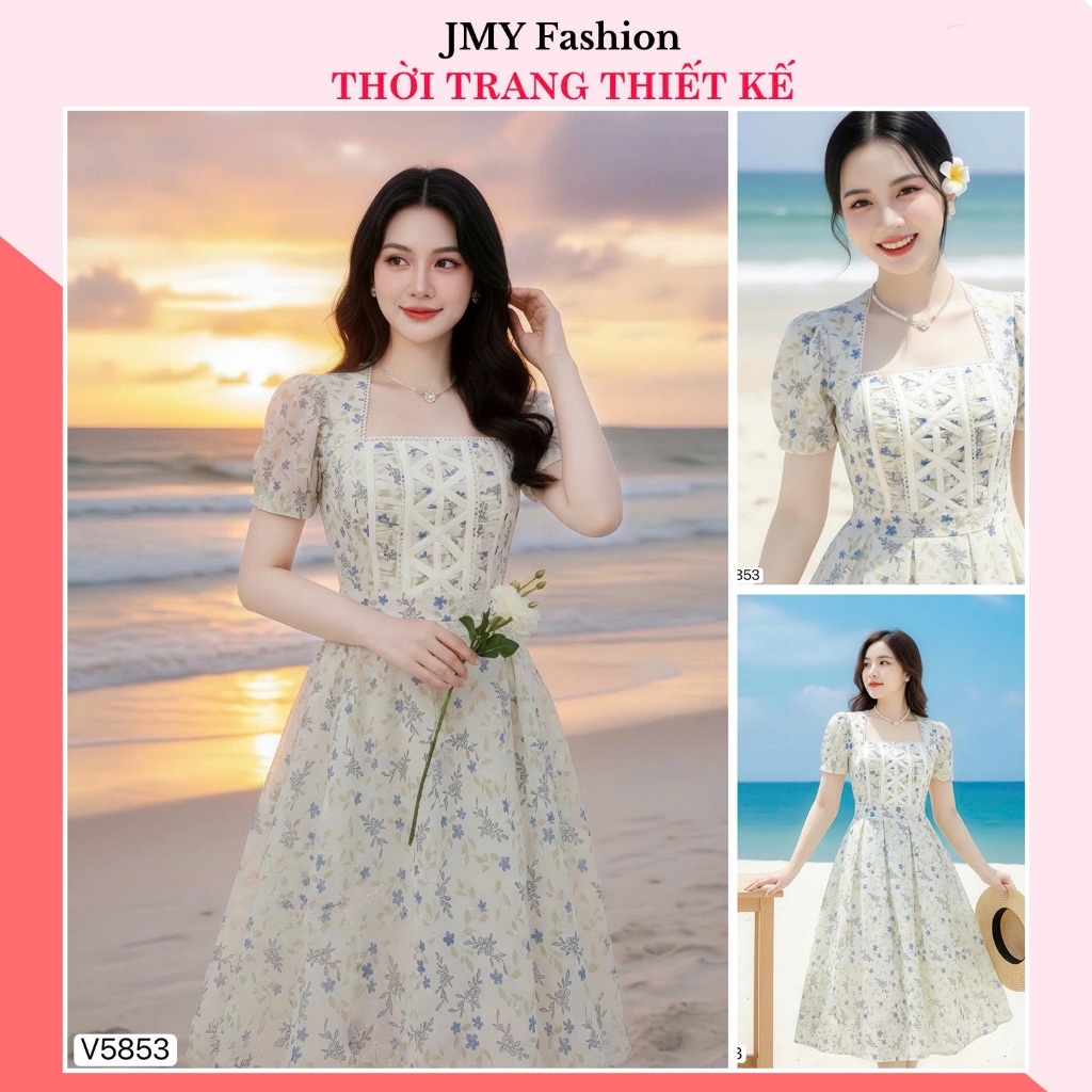 V5853 เดรสบานลายดอกไม้สีฟ้าคอเหลี่ยมหรูหรา [Dolce Viva Collection (DVC/ACC)]