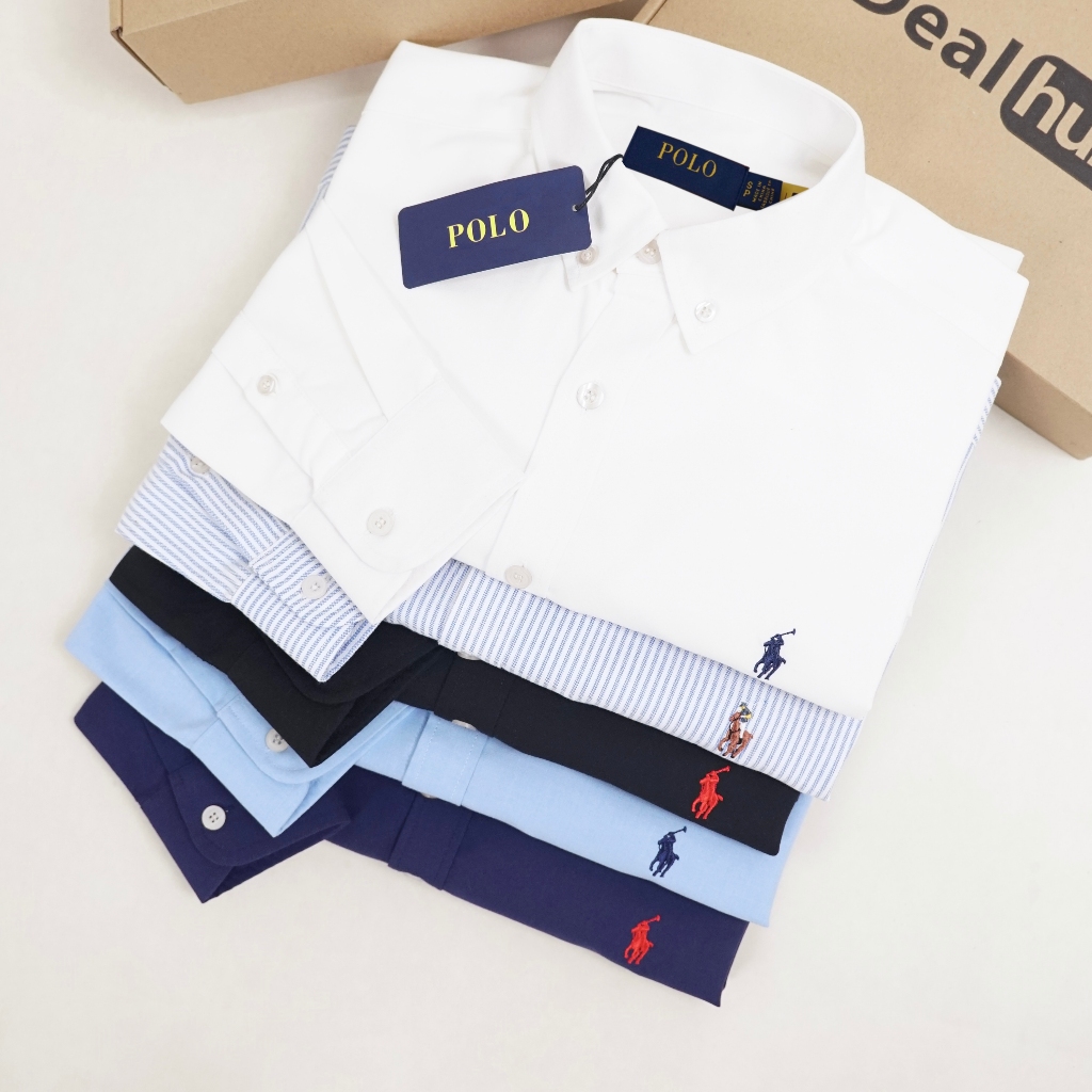 เสื้อปักม้าทําจากผ้าฝ้ายอ๊อกฟอร์ดต่อต้านริ้วรอยคุณภาพสูงพร้อมป้ายคอปก ร.ล ทอด้วยแสตมป์สีทองหนาและเรียบพิมพ์หลวม