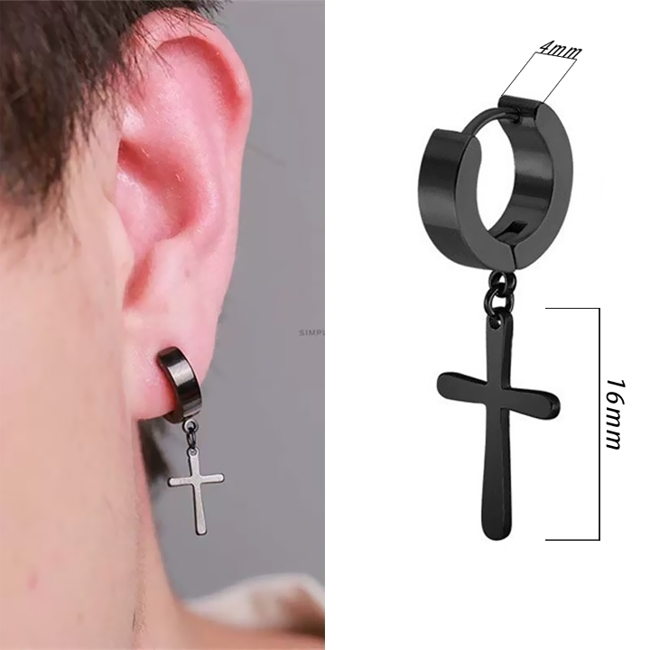 บาท111 ต่างหูไม้กางเขนสแตนเลสสีดําสําหรับผู้ชาย