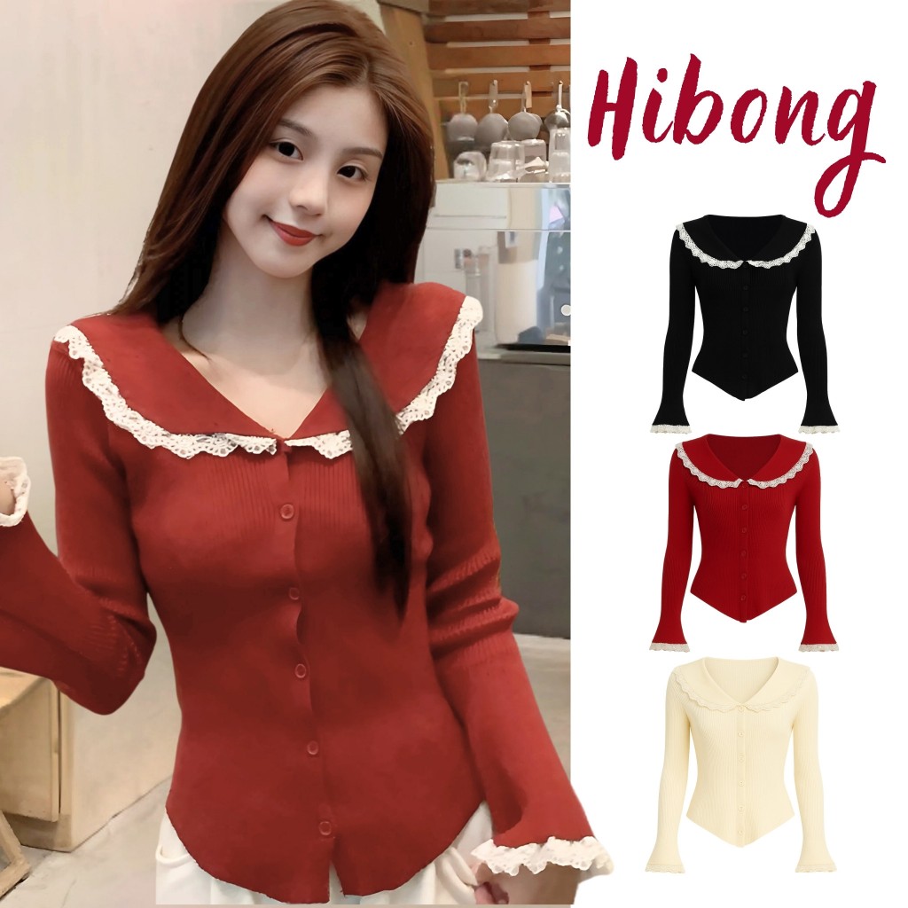 เสื้อยืดแขนยาวคอปกปุ่มและขอบลูกไม้บาน DD142, HIBONG Bodycon Ribbed Womens Babytee เสื้อ