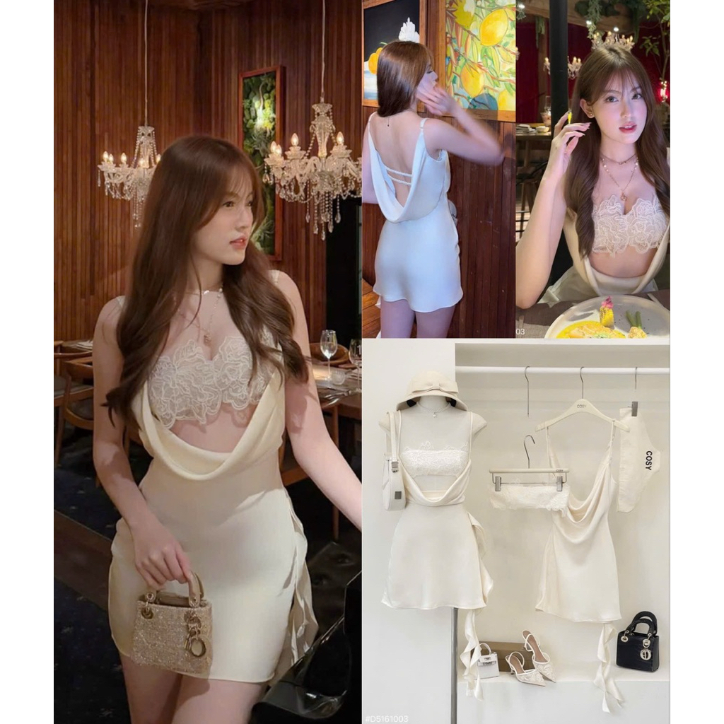 (มาตรฐานดีช่างตัดเสื้อ) 2-สายรัด ชุดที่ไม่มีสายหนังลูกไม้หน้าอกดอกไม้ปกผสมผ้าไหมมันวาวซาตินสลิมฟิตครีมสีขาว