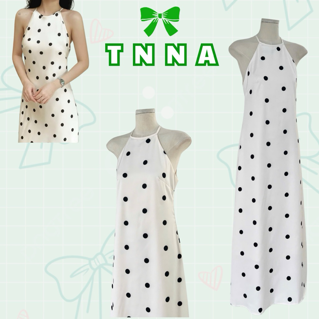 Tna_ชุดเดรสผ้าไหมสีขาวคล้องคอลายจุดสีดํายาวอ่อน
