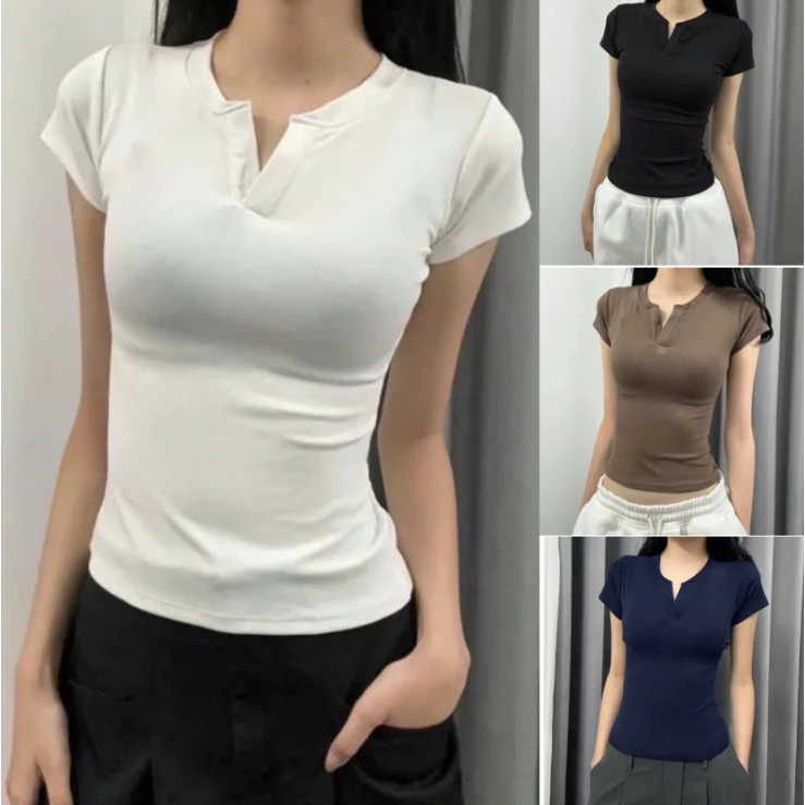 [Painn]เสื้อเชิ้ตแขนสั้นผู้หญิงคอเต่าเอวรัดรูปและตัวแบนเป็นผ้าคอตตอนเรียบ m662