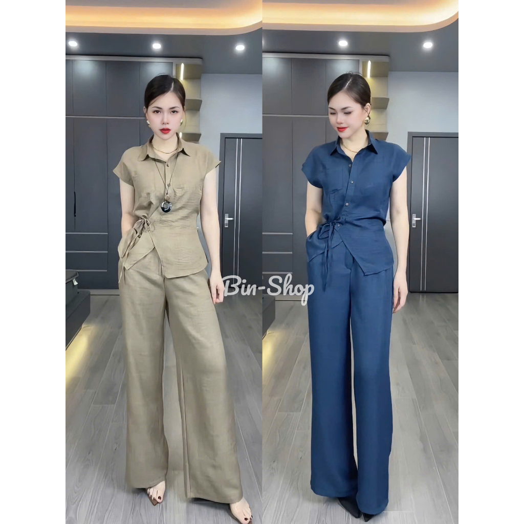 เสื้อเชิ้ตสไตล์กับกางเกงทรงตรงสไตล์อ่อนเยาว์วัสดุนุ่มเหมาะกับใส่อยู่บ้านออกไปข้างนอกไปทํางาน