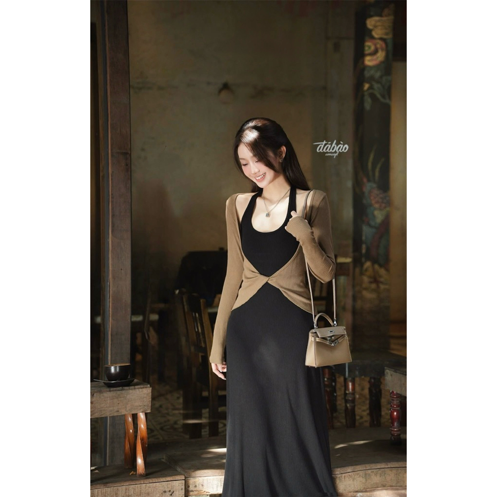 แม็กซี่เดรสคอยูพร้อมแจ็คเก็ตบิดเกลียวเกลียว stylized-HKT2T-Store