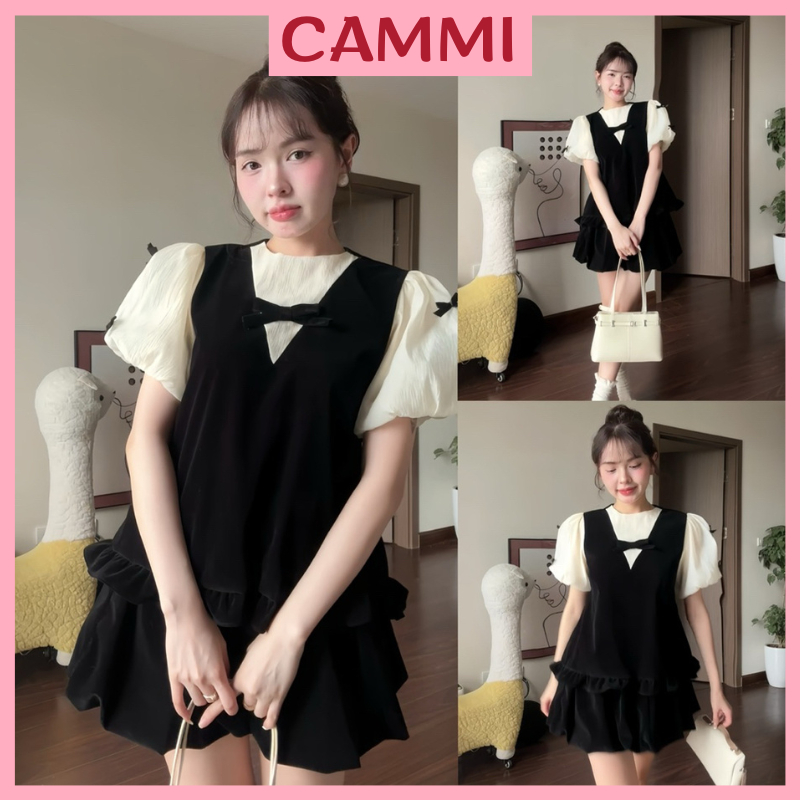 เดรสกํามะหยี่ เซตแขนพัฟและโบว์ ladylike CV HQ HB550 CammiHouse