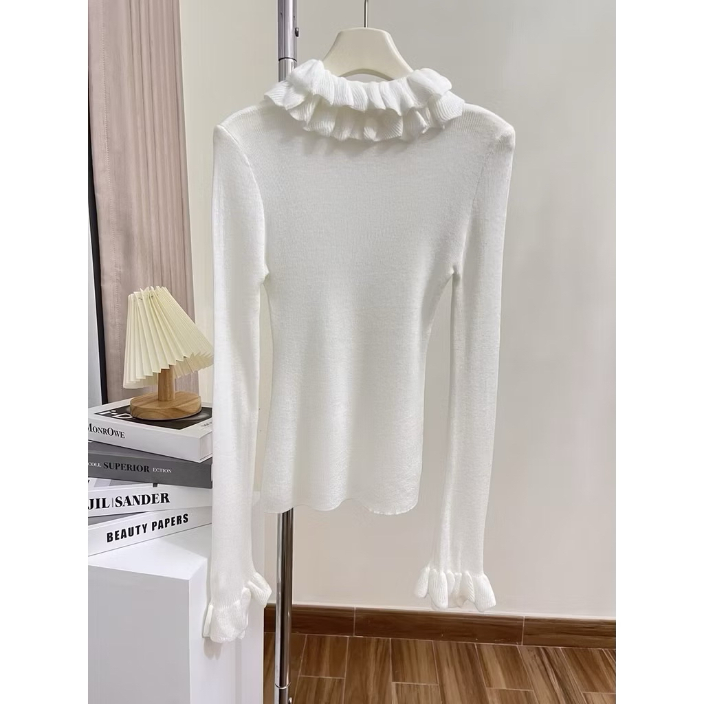 Ssu.Studio/ สินค้ากวางโจว เสื้อกันหนาวผ้าฟลีซคอปกลูกไม้และแขนระบายผสมกับชุดราตรีสวยสุด ๆ และเสื้อกั๊