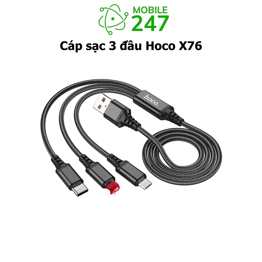 Hoco X76 สายชาร์จ 3 หัว LN / Type-C / พอร์ต MicroUSB ยาว 1M สูงสุด 2A (สีดํา) - PKTOP Mobile247