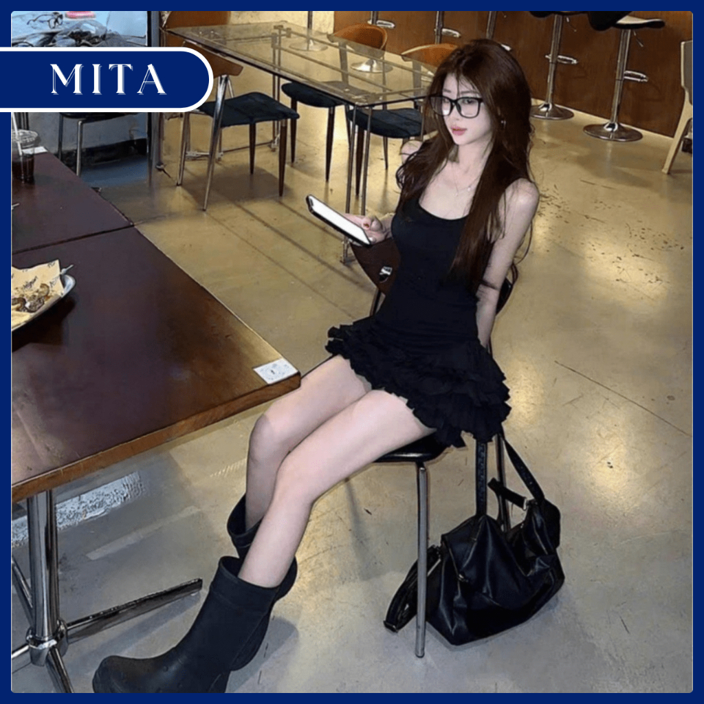 ชุดเดรสเข้ารูปสไตล์เกาหลีคอ U และเดรสหางปลาชั้นบาน-Q14-mita.hottrend