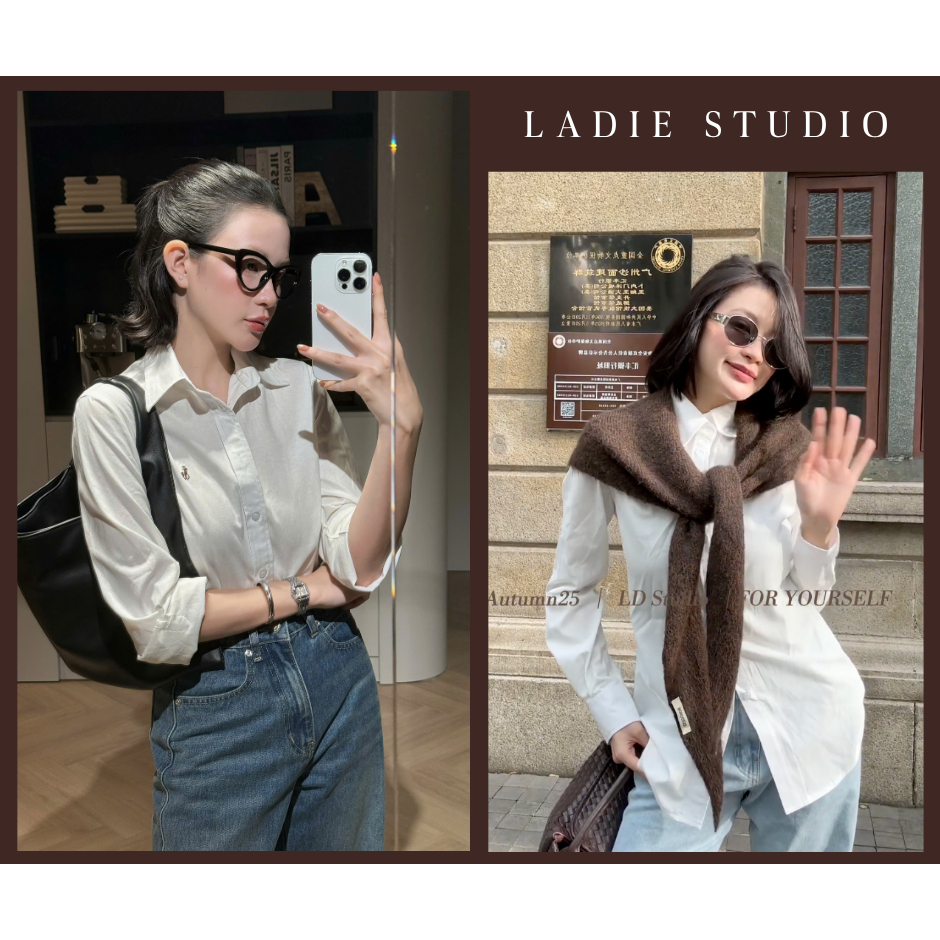 เสื้อเชิ้ตแขนยาวเบสิคหรูหราของผู้หญิงปักม้า AO107 Ladie Studio