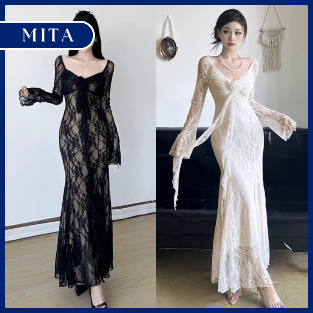 ชุดเดรสหางปลาเข้ารูปลูกไม้เย้ายวนพร้อมแขนบานยาวและคอเรือสําหรับปาร์ตี้-M04-mita.hottrend