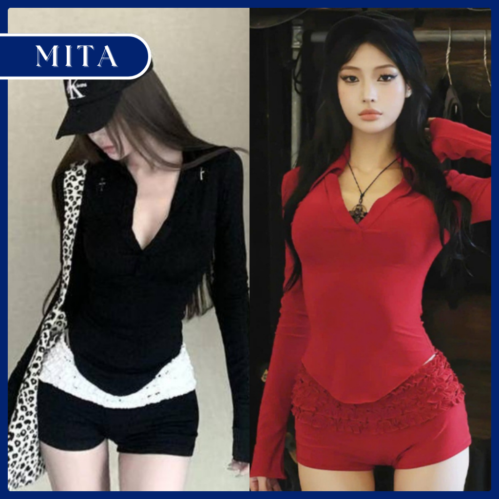 Set เสื้อคอเต่าแขนยาวจับจีบชั้นและกางเกงขาสั้นสไตล์ Y2K-Q13-mita.hottrend