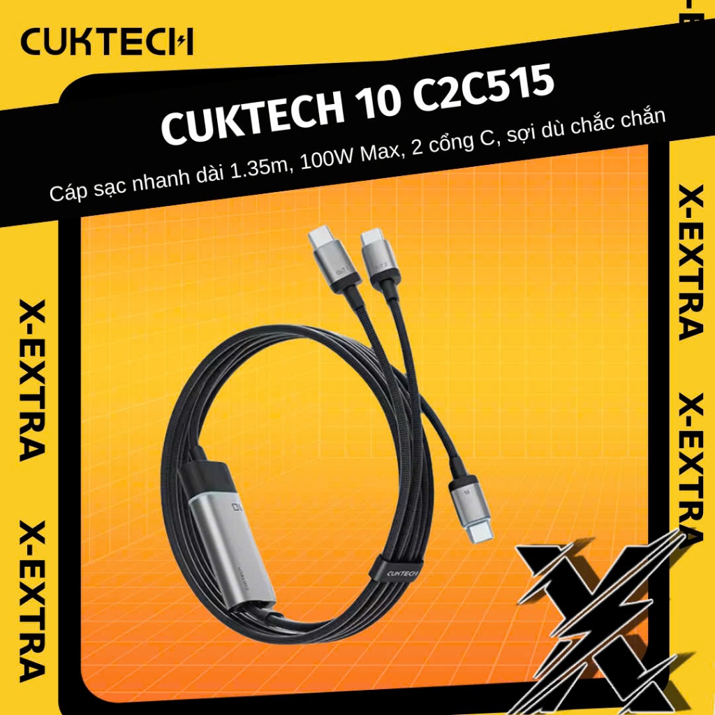 CUKTECH 10 C2C515 สายชาร์จเร็ว ยาว 1.35 ม. ความจุ 100W Max พอร์ต 2 C เส้นใยร่มชูชีพแข็งแรง - 18 เดือ