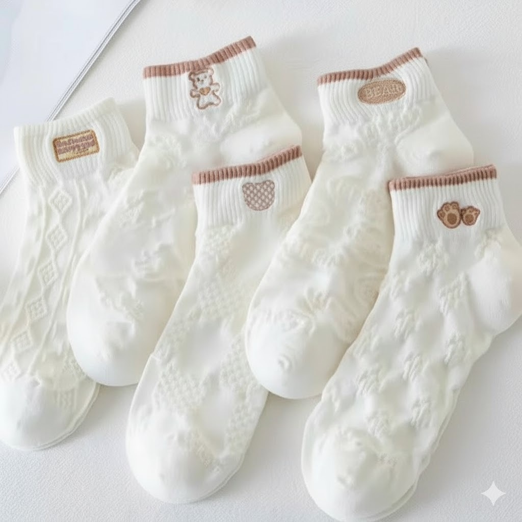 COMBO สร้อยคอสั้นสไตล์ ULZZANG 10 คู่ถุงเท้าผู้หญิง - PURE WHITE BEAR EMBROIDERRED - KING OF SOCKS H