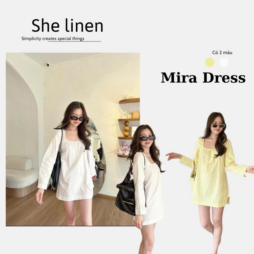 MIRA DRESS – เดรสคอเหลี่ยมแขนยาวลินินเธอ