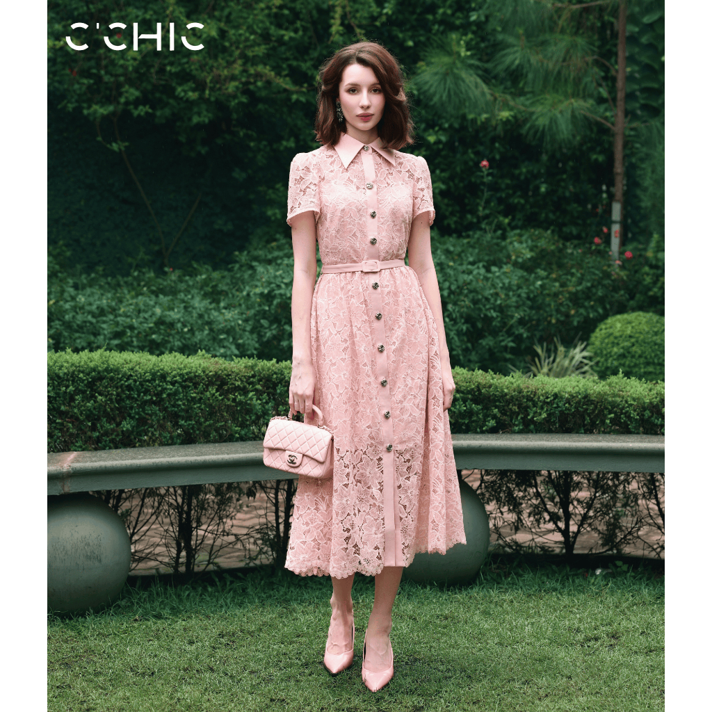 เดรสลูกไม้สีชมพู 3D คอปก SM และเข็มขัดเอว CCHIC