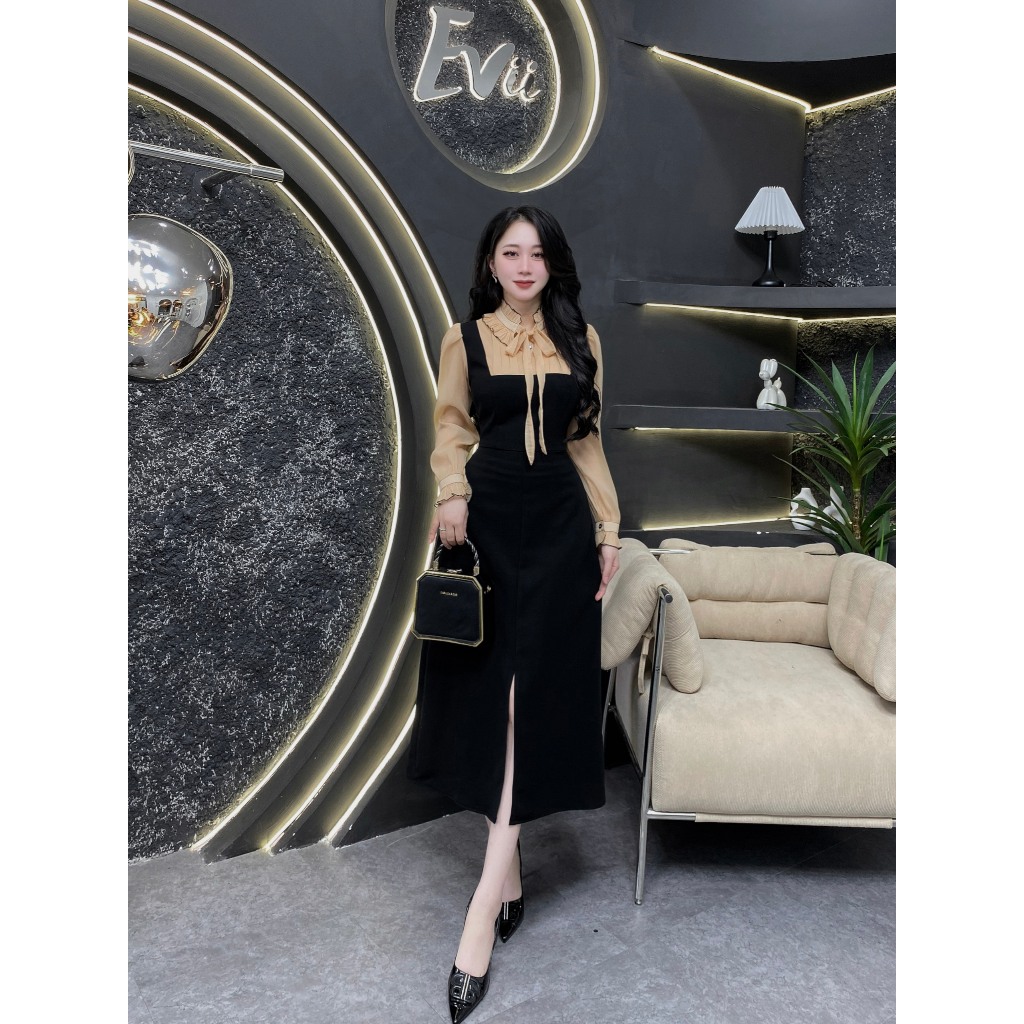 G49 - Evii Designer Dress สําหรับผู้หญิง เดรสดีไซน์คอระบายและผ้าไหม ผูกโบว์ทรงเอยาวผ่าหน้า