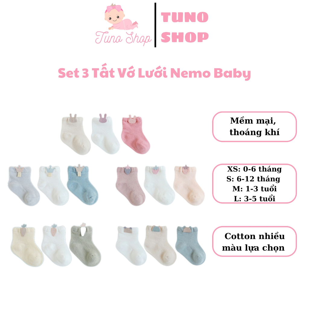 ถุงเท้าตาข่าย Nemo Baby สําหรับทารกแรกเกิด ผ้าฝ้ายคุณภาพสูงนุ่มและระบายอากาศได้ ชุด 3 คู่ Tuno Shop
