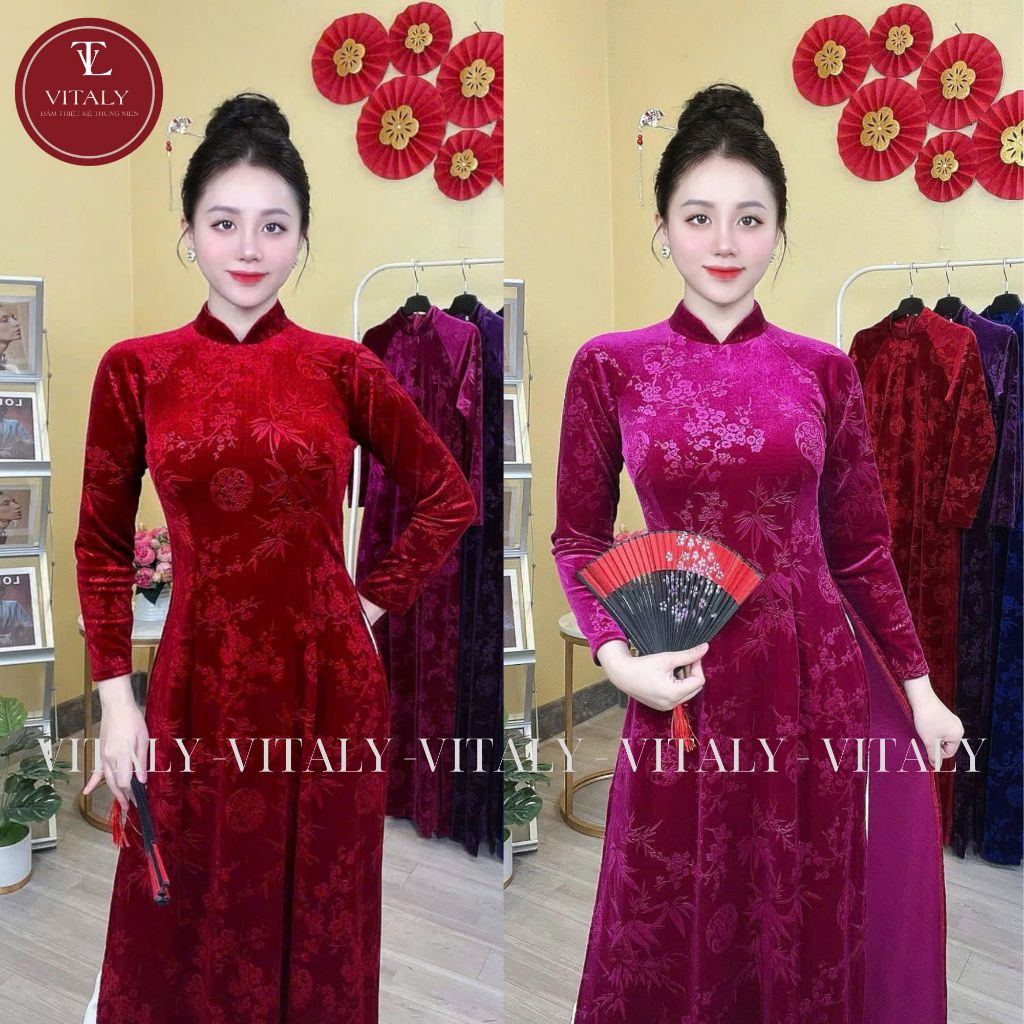 แบบดั้งเดิม Ao Dai สําหรับผู้หญิงวัยกลางคน, ชุดคอกลมกํามะหยี่ลายดอกไม้ยืดพร้อมทําพร้อมคอปกสูง 2 ซม. 