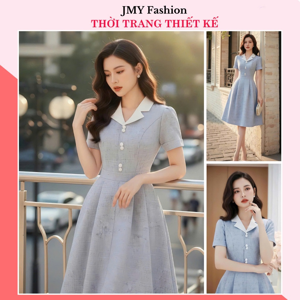 Ds6893 เดรสบานสีน้ําเงินเรียบหรูคอปกเสื้อกั๊กสั้น [Dolce Viva Collection (DVC/ACC)]