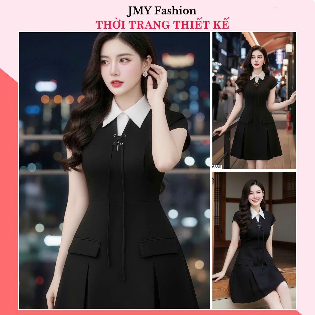 DS6889 ชุดเดรสเดรสทรงเอสีดําเรียบหรูคอปกเยอรมันสีขาวและกระเป๋าพนัง [Dolce Viva Collection (DVC/ACC)]