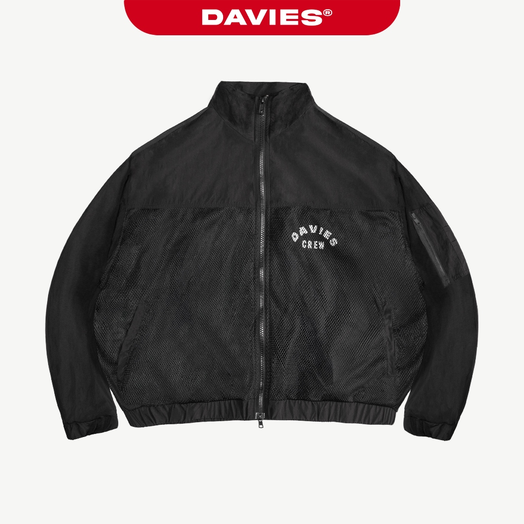 DAVIES hiphop เสื้อแจ็คเก็ตตาข่ายสําหรับผู้ชายและผู้หญิงพิมพ์ลายโลโก้ ดีไซน์คอเต่า ซิปและซับในสีดํา 