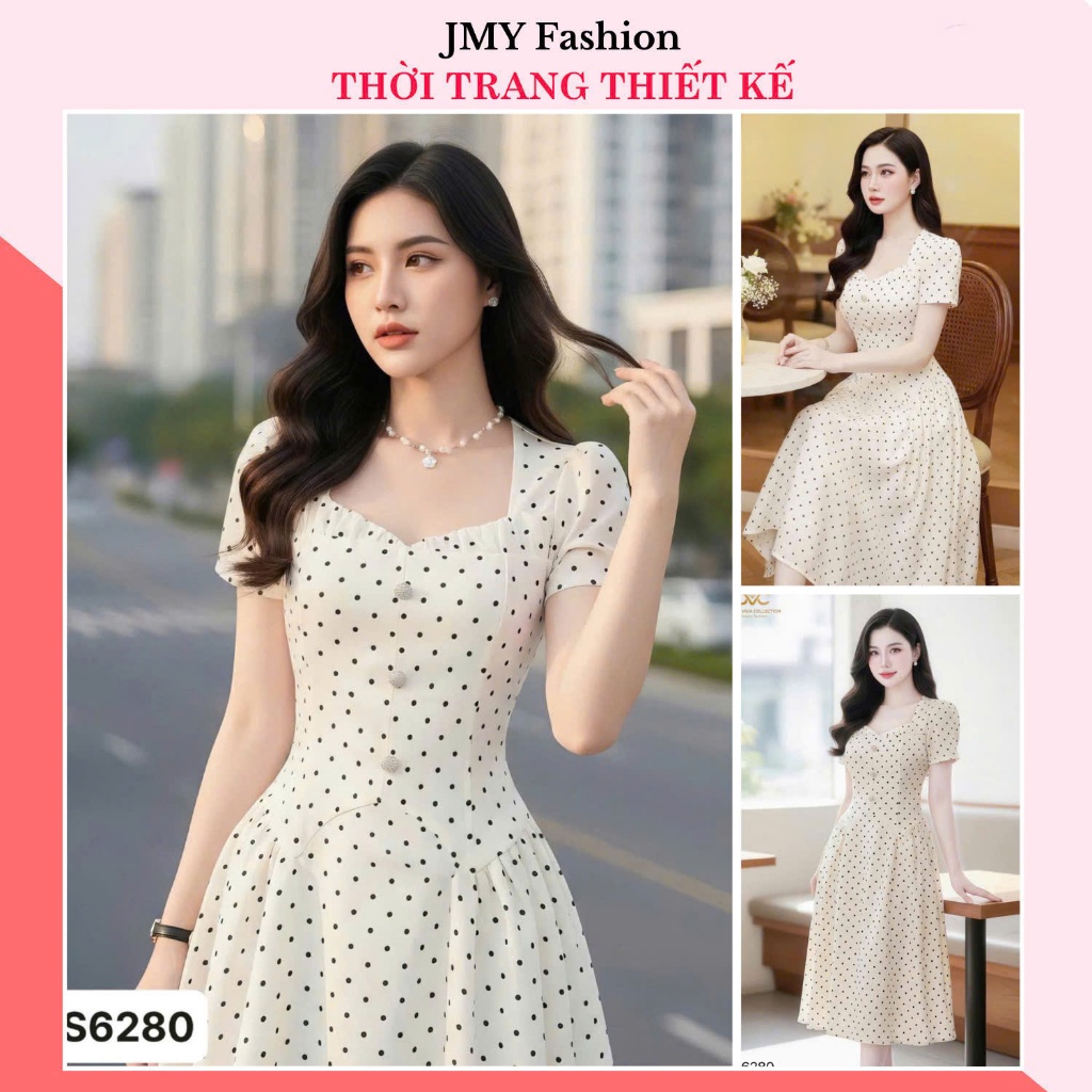 DS6280 เดรสครีมบานคอเต่าลายจุดดีไซน์สุดหรู [Dolce Viva Collection (DVC/ACC)]