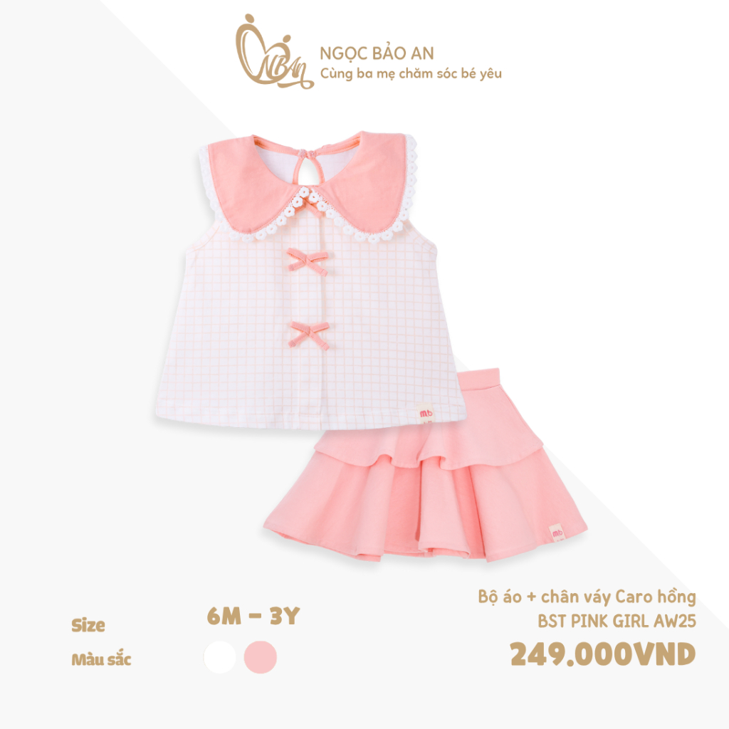 M&B (6Y-3Y) ชุดกระโปรงลายตารางหมากรุก Lovely Pink ทําจากผ้าฝ้ายแฟชั่นเนื้อนุ่มสําหรับเด็กผู้หญิง 7kg