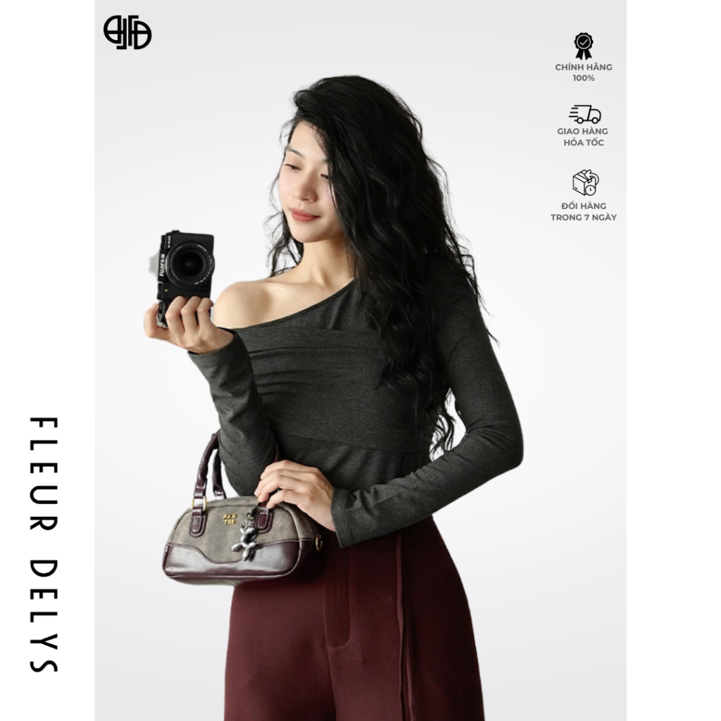 Fleleurdelys เสื้อยืดมีซิปแขนยาวผู้หญิงสีเทาคอปกปิดไหล่ Shrugged DLC278