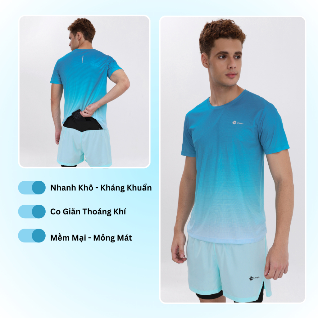 Livan เสื้อยืดผู้ชาย LV25S04M224 Ombre Breathable ยืดดูดซับเหงื่อ Active กีฬารองเท้าวิ่ง