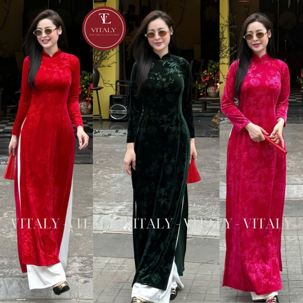 Ao Dai แบบดั้งเดิมสําหรับผู้หญิงวัยกลางคน, ชุด Ao Dai สวยงามพร้อม Hems กํามะหยี่ 2 ชิ้น, ลายดอกไม้ยื