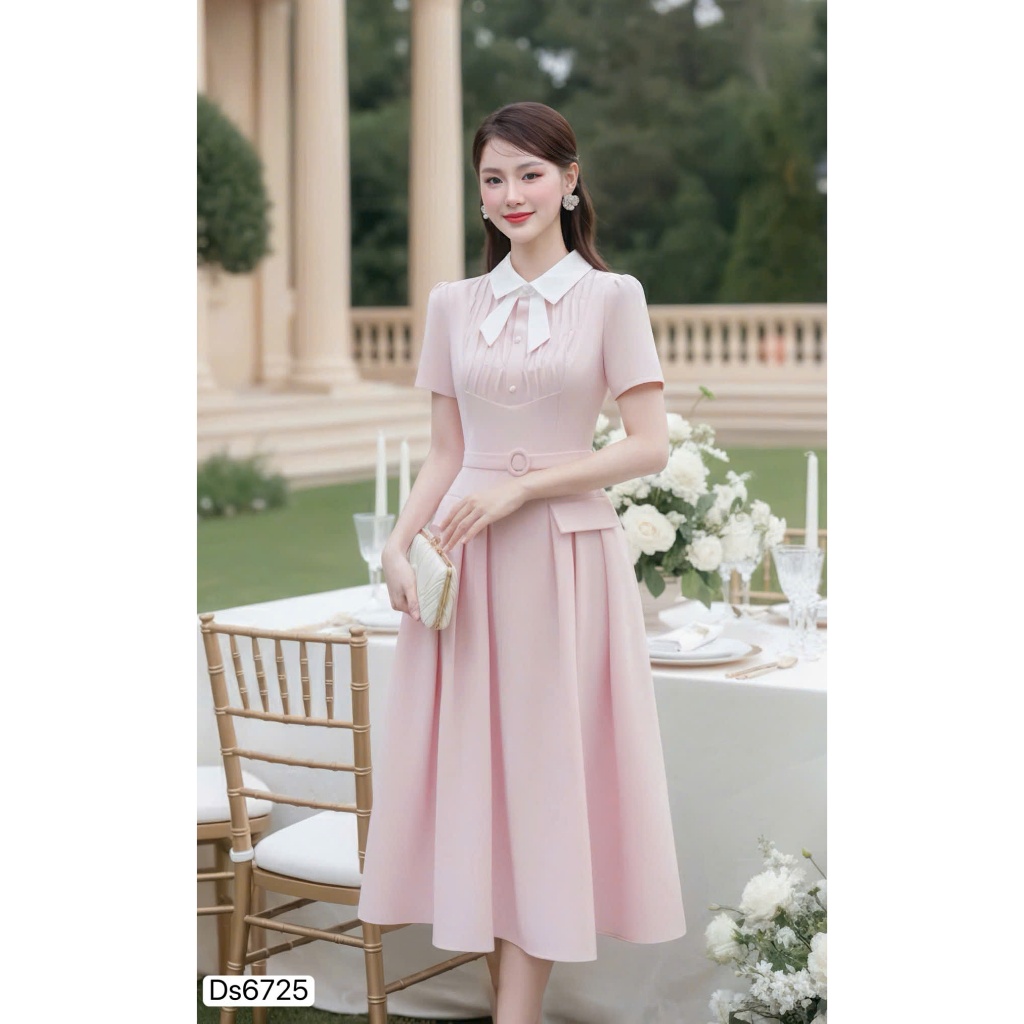 DS6725 - เดรสบานสีชมพูคอปกโบว์สีขาว - Dolce Viva Collection (DVC/ACC)