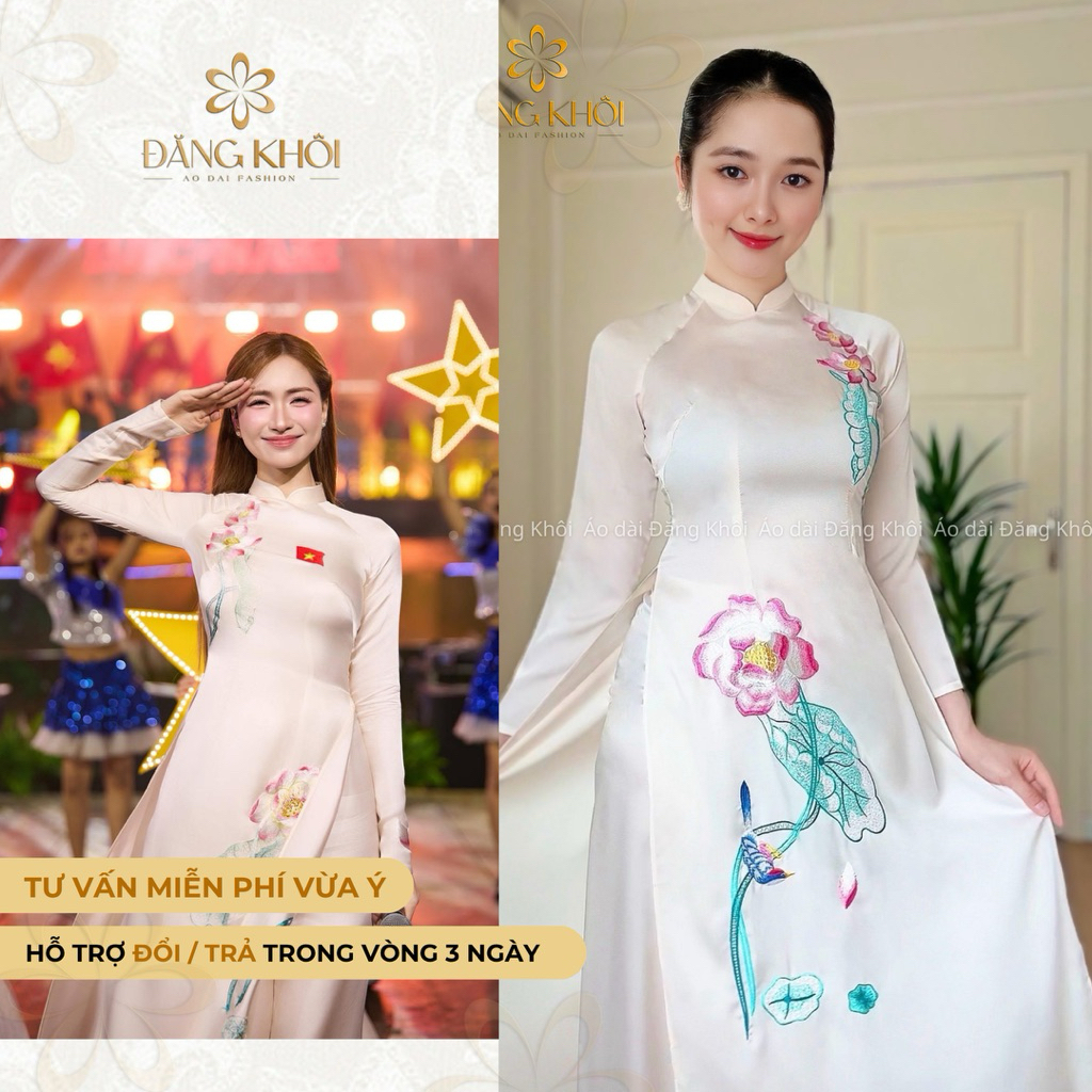 Hoa Minzy Ao Dai (มีและไม่มีธง) - ผ้าไหมคุณภาพสูง ao dai ปักดอกบัวขาวครีม - แขนยาว คอ 2,3cm