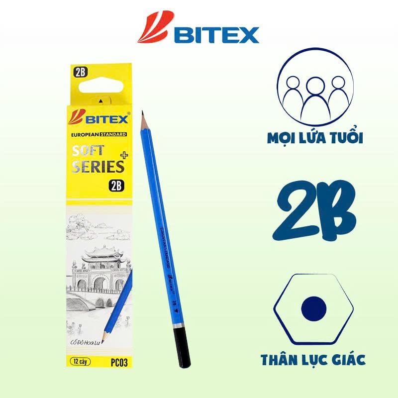 [ซื้อ 12 แถม 3 ฟรี] BOX OF 12 2B Bitex Soft Series Plus PC03 ดินสอไม้ - ปลายจุ่ม, EN71-3