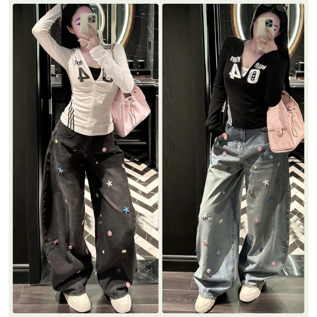 [ORTD5835-38] กางเกงยีนส์ผู้หญิง HIGH-WAIST WIDE-LET พร้อม BEADS LIGHT BLUE DARK GREY BREAKING