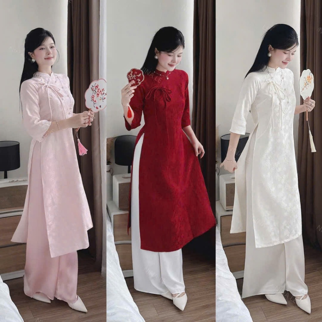 Ao dai Set for Tet 2026 พร้อมปกคอเต่าทําจาก ta damask แขนสั้นและผูกโบว์ ผสมผสานกับกางเกงหิมะและสายฝน