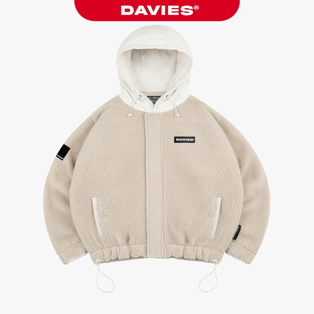 DAVIES เสื้อแจ็คเก็ตผ้าฟลีซมีฮู้ดสีเบจสําหรับผู้ชายและผู้หญิงมีซิปและซับในร่มชูชีพหลวม เสื้อแจ็คเก็ต