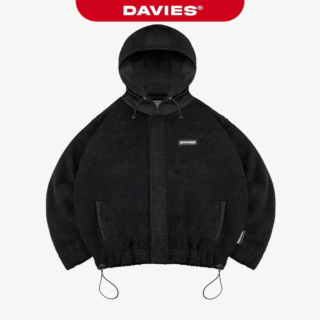 DAVIES เสื้อแจ็คเก็ตผ้าฟลีซสําหรับผู้ชายและผู้หญิงมีฮู้ด ซิปกว้าง ซับในร่มชูชีพ และเชือกสีดํา เสื้อแ
