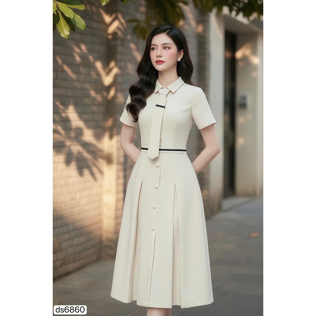 DS6860 - เดรสคอปกเชิ้ตบานสีเบจพร้อมผูกเน็คไท - Dolce Viva Collection (DVC/ACC)