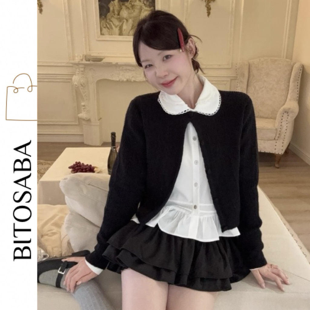 WHITE SHIRT WITH BLACK SWEATSHIRT SET - ELEGANT สไตล์น่ารัก (SL88)