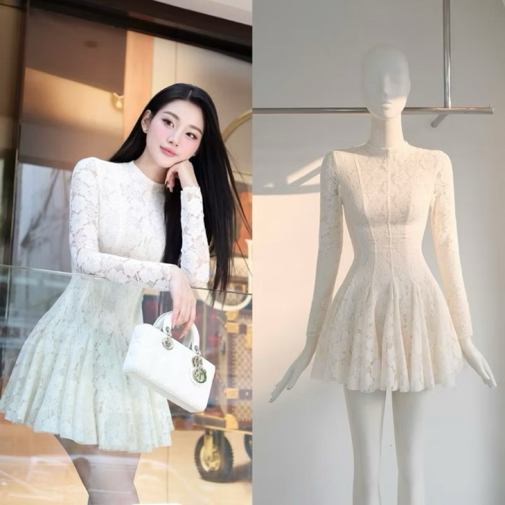 🩵ชุดเดรสคอเต่าลูกไม้ผู้หญิงเรียบหรู-HKT2T-Store