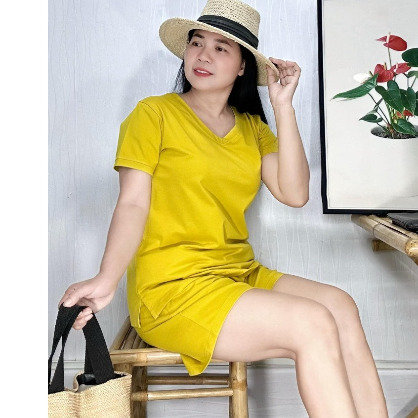 TPS1210 (L-7xl) ชุดสตรีคอเต่ากางเกงขาสั้นผ้าฝ้ายแขนสั้นธรรมดา Bigsize TuyenPhan