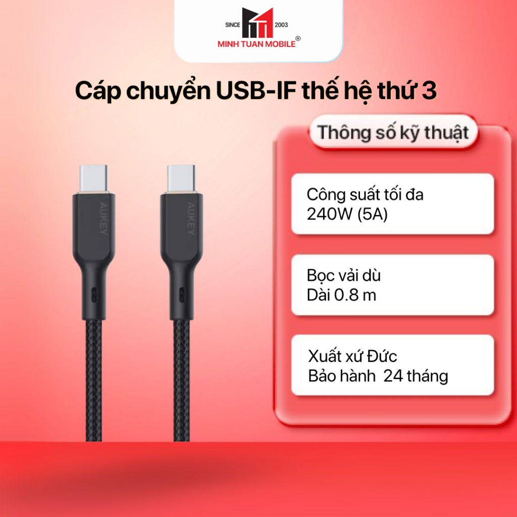 สายโอน USB-IF รุ่นที่ 3 Aukey 240W 0.8M