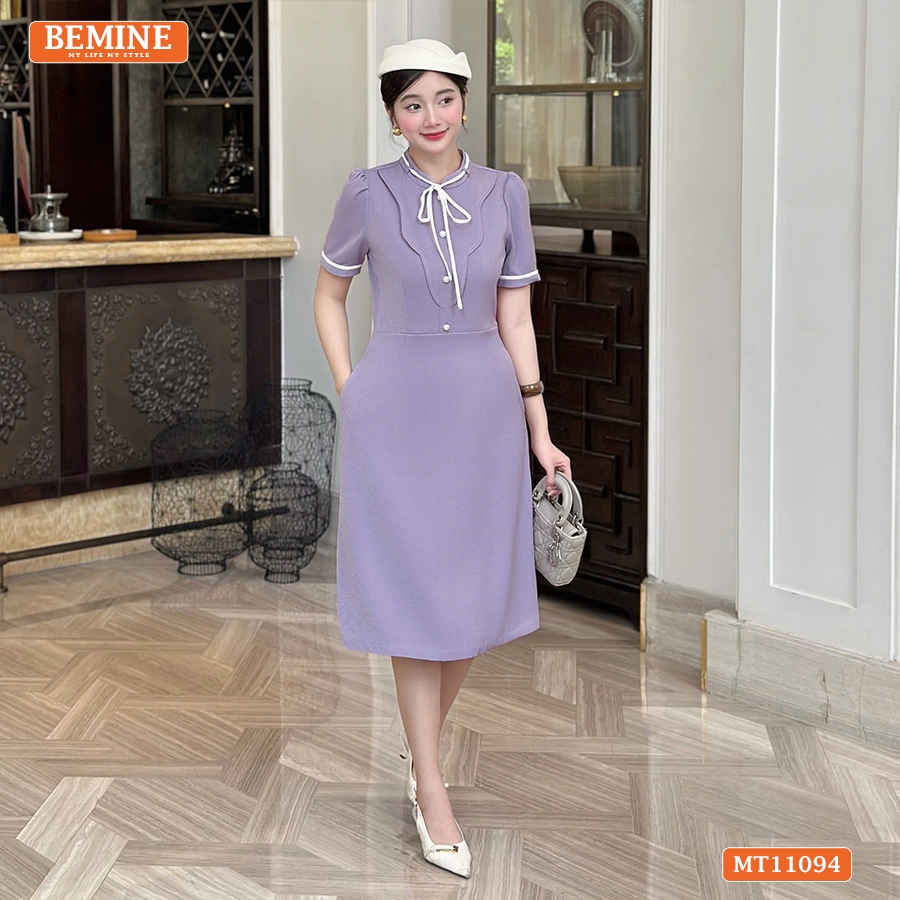 เป็นของฉัน ชุดเดรสดีไซน์คอกลมผูกโบว์แต่งระบายทรงเอเหมาะกับใส่ทํางาน-ภูเขา11094 - รูปที่ 2