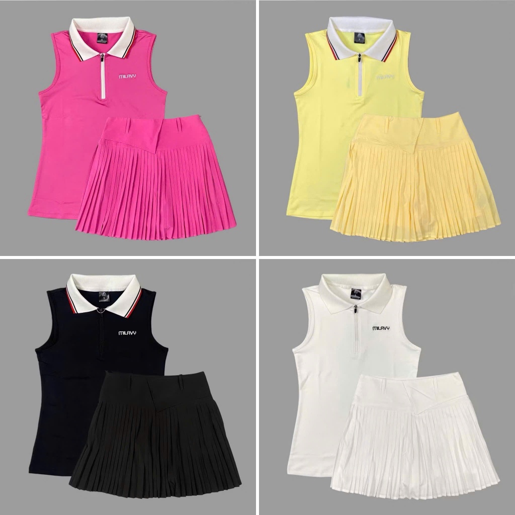 Pickleball, Tennis, Golf Sports Skirt Set, ชุดกระโปรงจีบเล็ก 2 ชั้น VML08 + เสื้อกล้ามซิปคอปก AML10