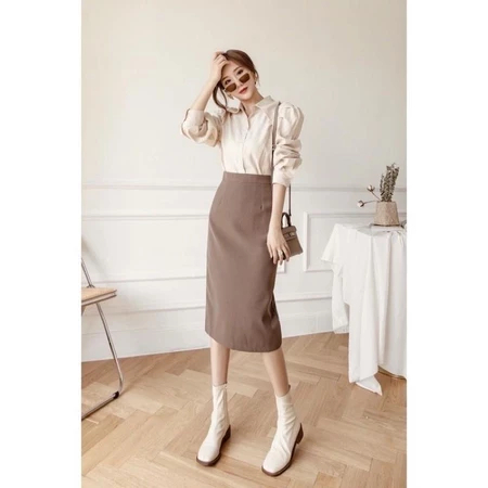 [Painn]กระโปรงทรงเอสํานักงานเอวสูงยาวสไตล์เกาหลีพร้อมแยกด้านหลังกระโปรง Midi ทําจากผ้าหิมะและฝน vite