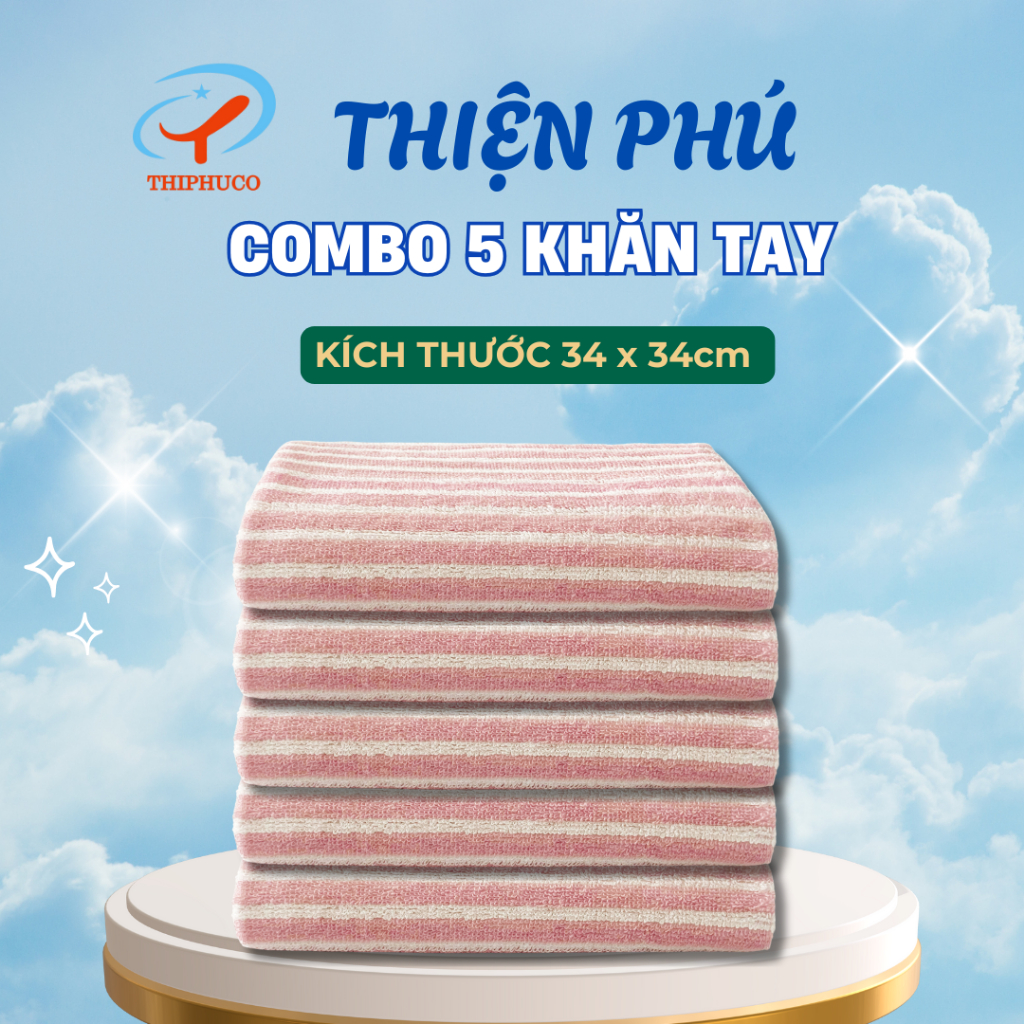 COMBO 5 ผ้าเช็ดหน้าผ้าฝ้าย Z729-1 Thien Pu 34x34x56g ผ้าฝ้ายธรรมชาติพร้อมระบบดูดซับน้ําได้ดี